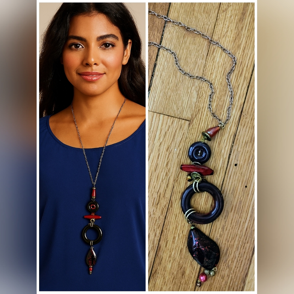 📿Artisan-Style Pendant Necklace | Deep Wine & Gold, Statement Jewelry